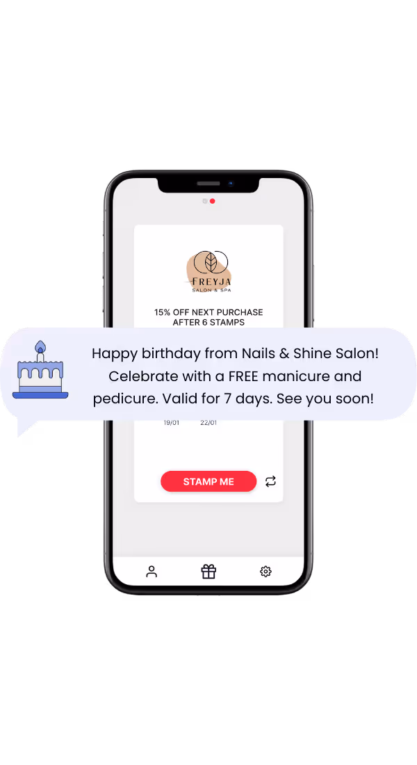 Phone frame with an example bday message over top. 